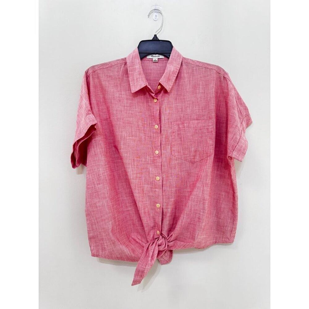 Madewell Red Short Sleeve Button Front Tie Hem Shirt Women M Casual Summer Top - Picture 4 of 7